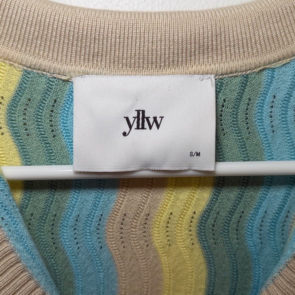 yllw Blue Yellow Wavy Pointelle Knit Button Down Polo Mini Dress Cardigan S/M - Picture 4 of 10